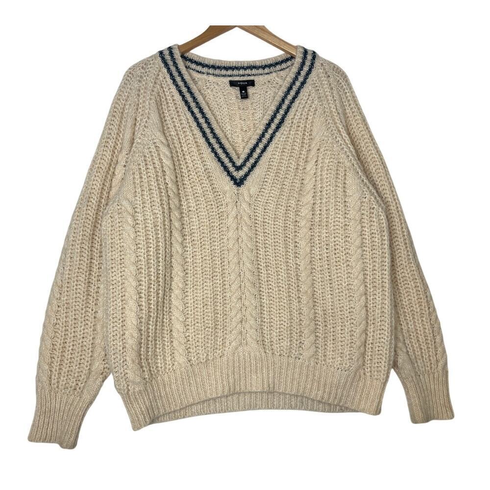 AQUA Cream Blue Vneck Varisty Wool Blend Sweater Preppy Gossip Girl College sz L